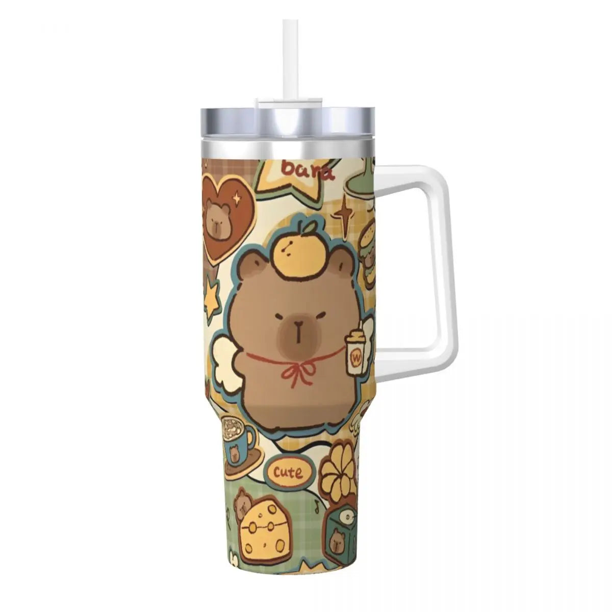 Capybara Insulated Tumbler – Stainless Steel Hot & Cold Drink Cup A stainless steel handled tumbler with a clear plastic handle and straw, decorated with a cute cartoon bear illustration and coffee-themed doodles on a white background.