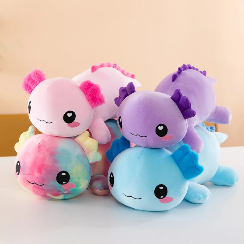 Axolotl Squishmallow Plush – Stuffed Animal Toy Colorful plush toys with cartoonish designs on a light background