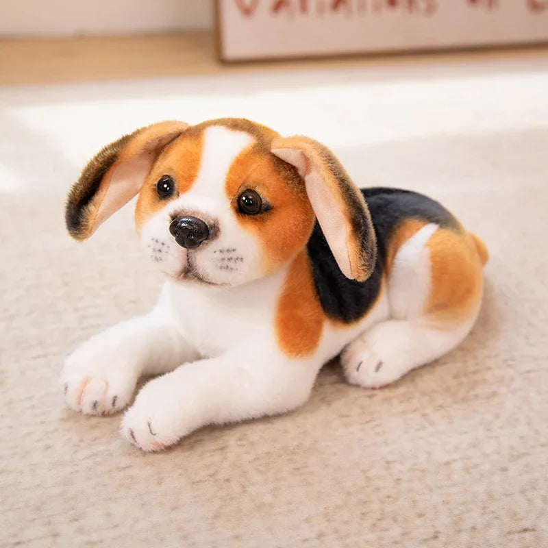 Realistic Dalmatian Beagle Plush Stuffed Toy Plush toy dog with brown, black, and white fur on a beige surface