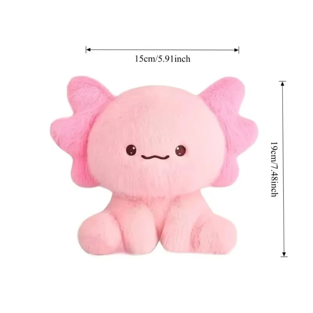 Axolotl Plush Toy – Squishmallow Salamander Stuffed Animal Pink plush toy with measurements on a white background