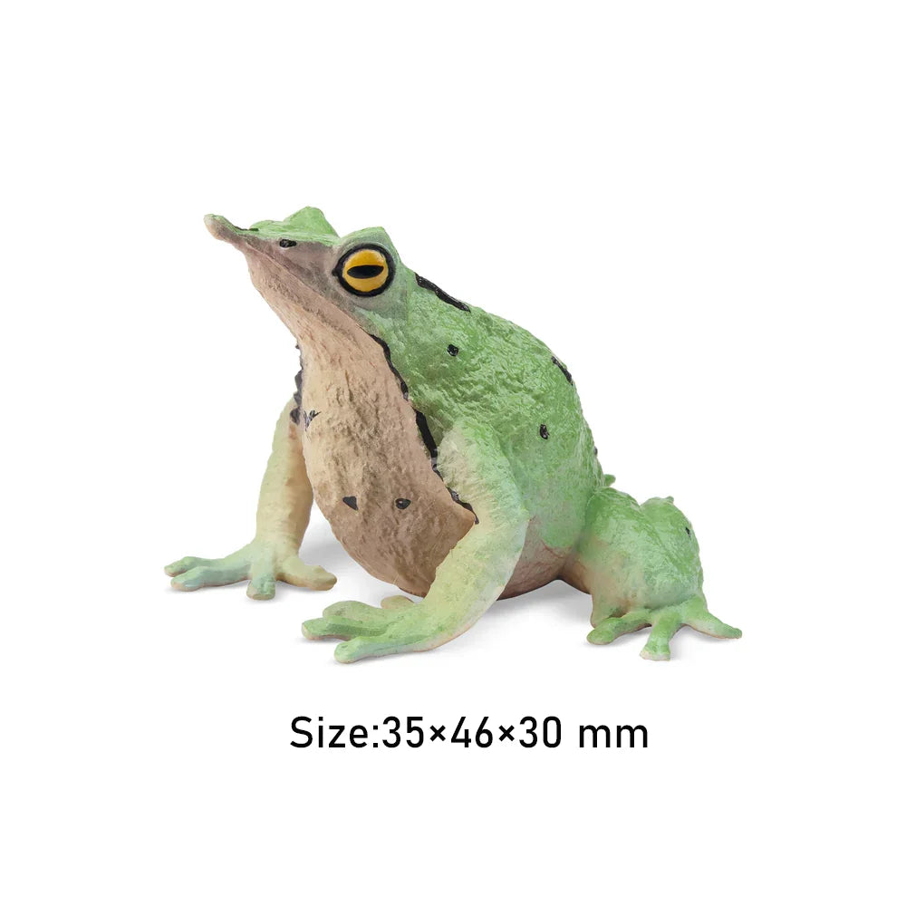 Strawberry Frog Mini Figure – Realistic Animal Model Collectible Toy Green frog figurine on a white background with size information.