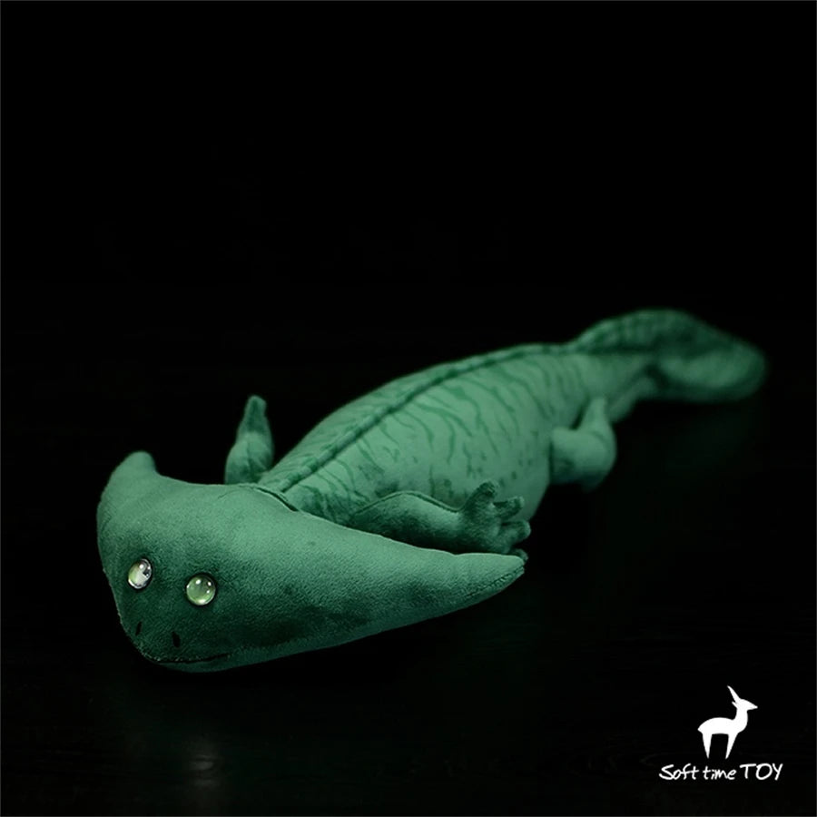 Realistic Axolotl Hammerhead Salamander Stuffed Toy - Diplocaulus Plushie Green plush toy lizard on a black background with 'Soft Time Toy' branding.