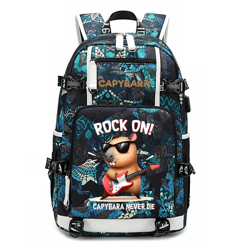 Capybara Backpack – Large Capacity Lightweight School Bag A backpack with a black and teal patterned design, featuring a cartoon capybara playing a red guitar on the front pocket with the text 'ROCK ON!' and 'CAPYBARA NEVER DIE'.