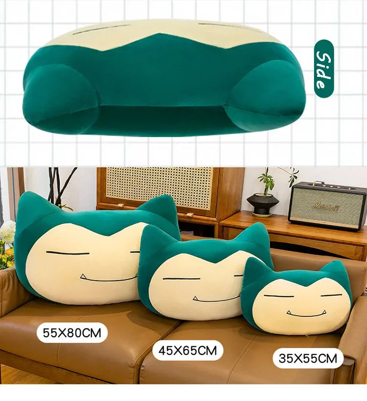 Pokemon Snorlax Plush Pillow – Cute Oversized Stuffed Animal Set of cartoon character cushions in various sizes on a couch.
