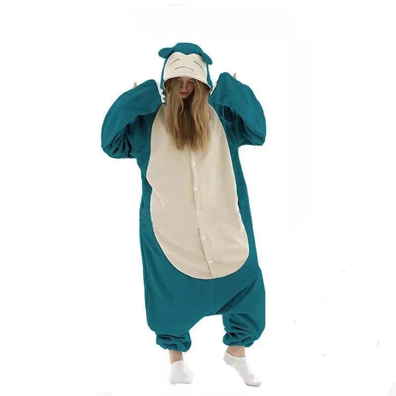 Pokemon Kigurumi Onesie – Snorlax, Gengar Anime Costumes Person wearing a teal and beige onesie with a hood on a white background