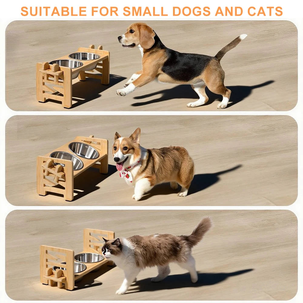 Elevated Adjustable Pet Feeder with 2 Stainless Steel Bowls Wooden pet feeder with metal bowls suitable for small dogs and cats on a wooden floor.