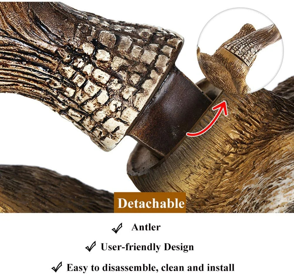 Faux Deer Head Wall Decor – 17” Rustic Farmhouse Mount Detachable antler design with text highlighting features on a white background