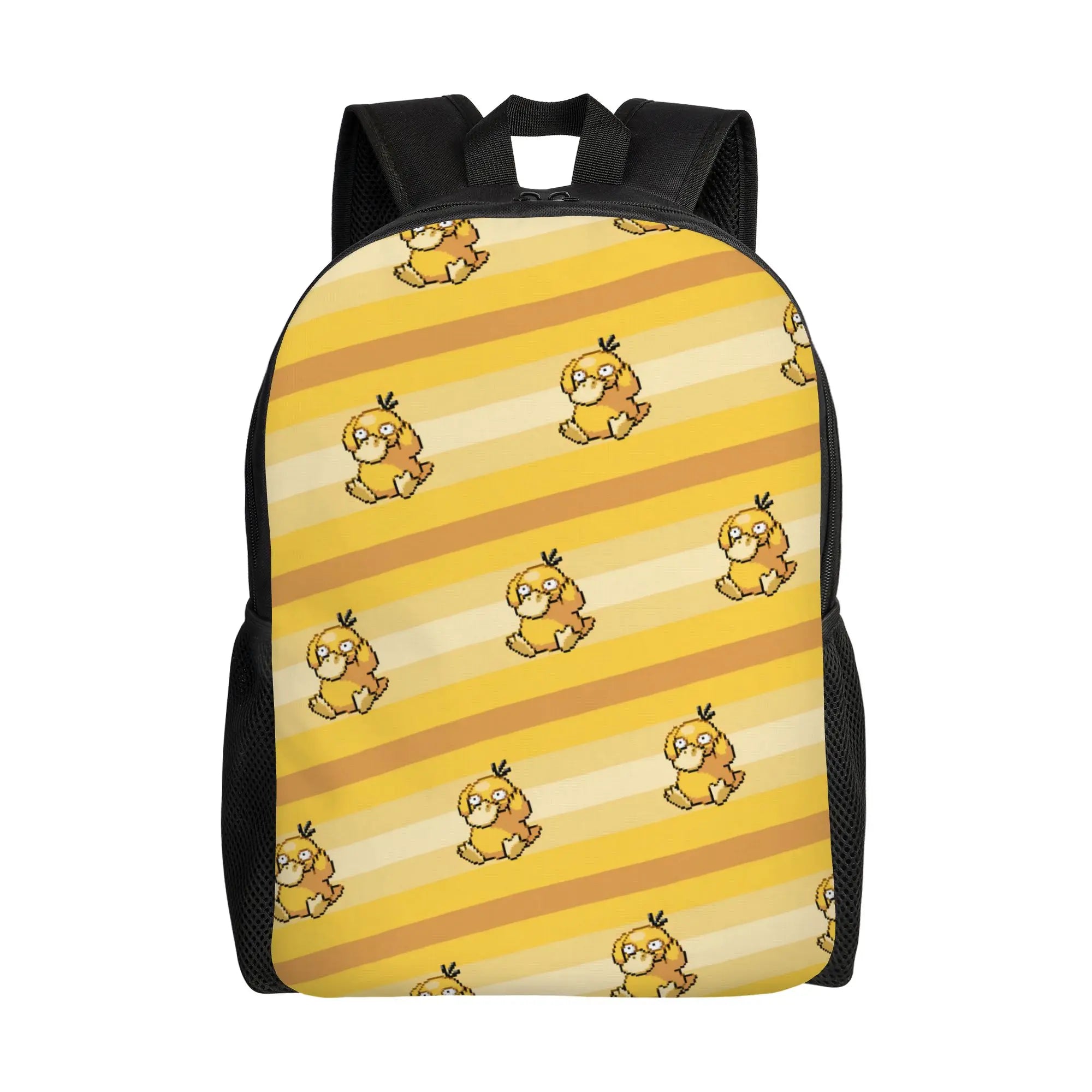 Pokemon Psyduck Laptop Backpack – School Bag A backpack with a repeating pattern of cartoon Psyduck characters on diagonal yellow and beige stripes, with black mesh side pockets and black top handles, shown on a plain white background.