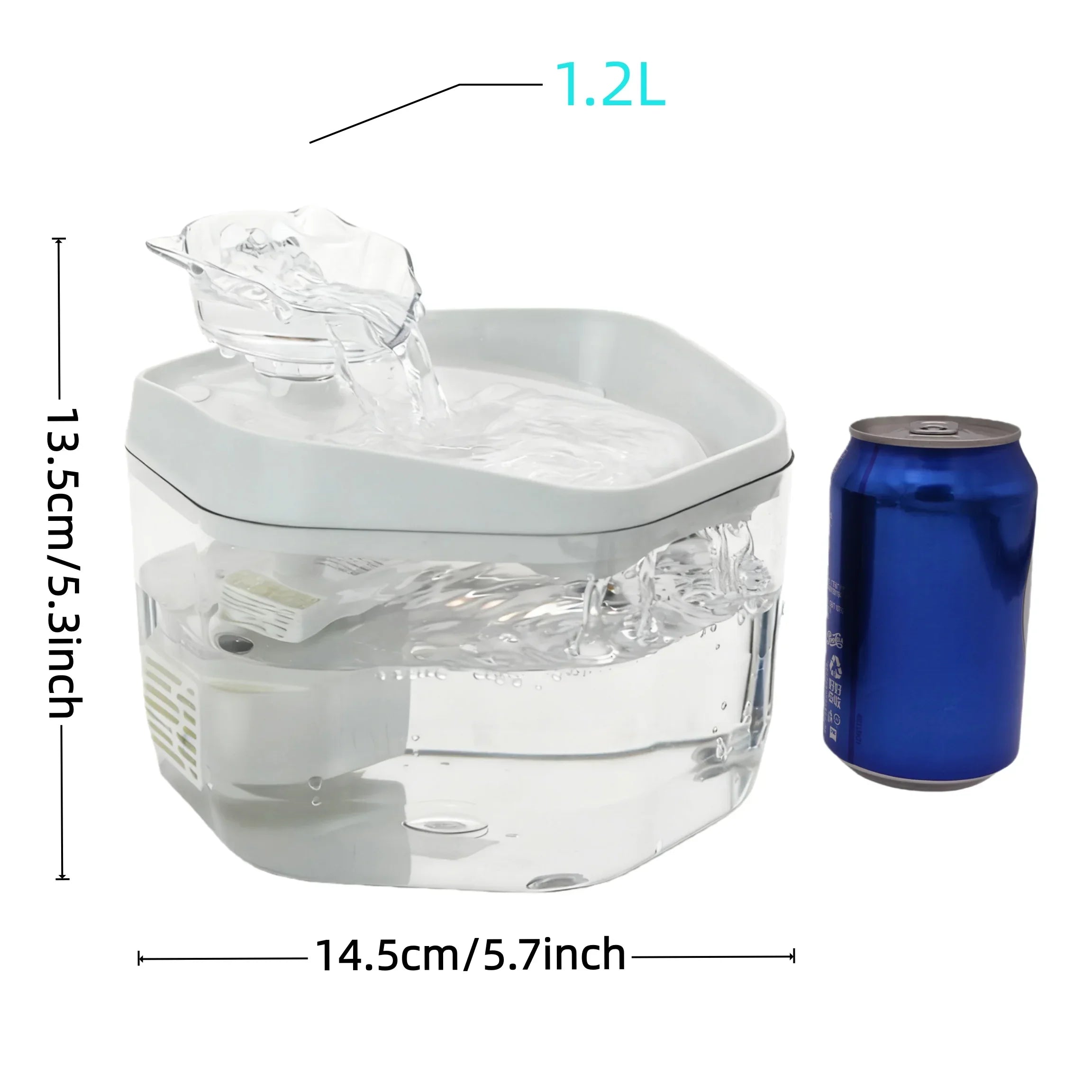 Cat Water Fountain 1.2L USB Pet Drinking Fountain Pet water fountain with dimensions and a comparison to a can of soda.