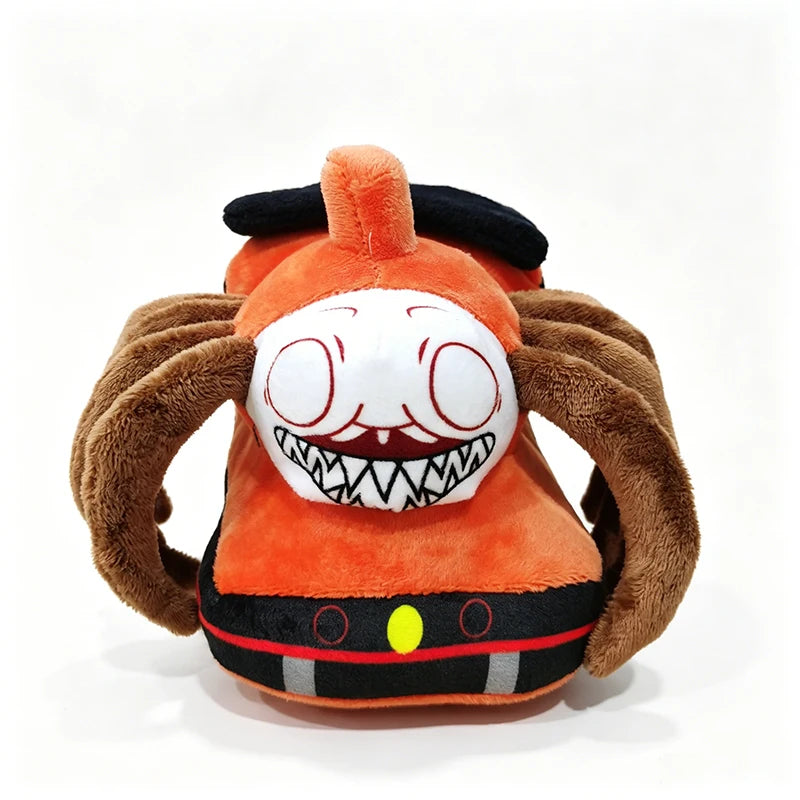 Horror Spider Plush Dolls – 2-Piece Creepy Halloween Set An orange plush toy shaped like a spider with a white face, black eyes, and sharp teeth, featuring brown spider legs and a black top hat, set against a plain white background.