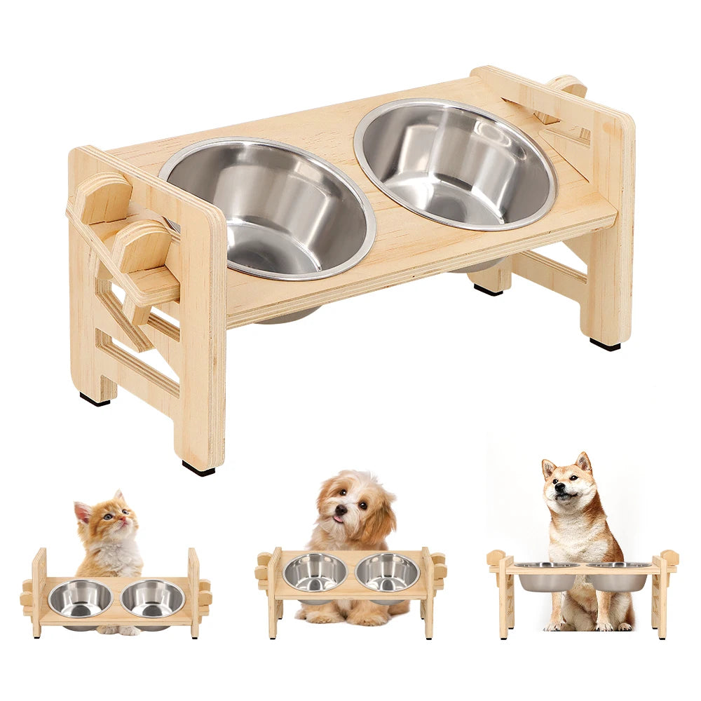 Elevated Adjustable Pet Feeder with 2 Stainless Steel Bowls Wooden pet feeding station with two stainless steel bowls on a white background
