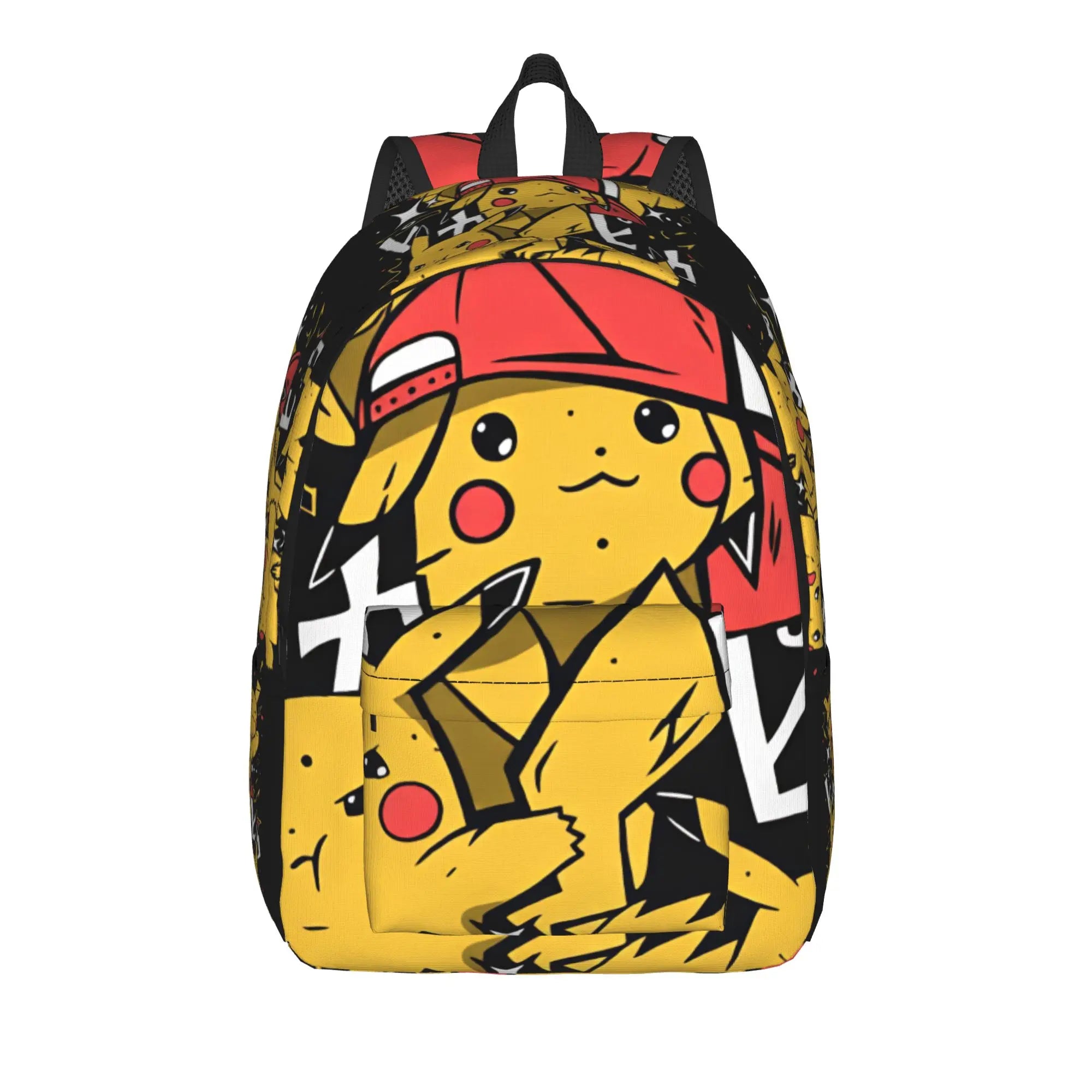 Pokemon Squirtle Backpack – Sport School Bag A backpack featuring a graphic print of Pikachu wearing a red baseball cap, set against a black and yellow graffiti-style background.