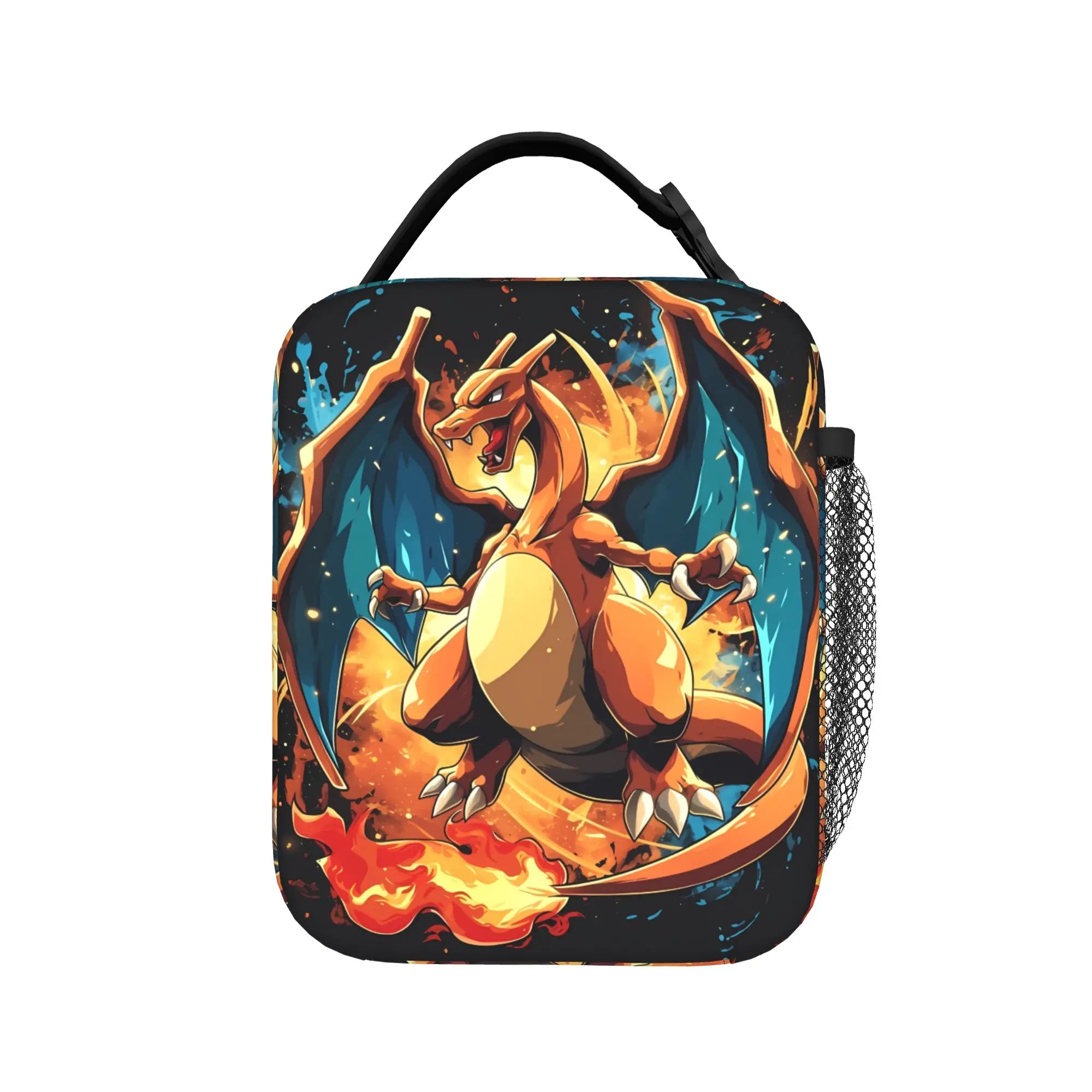 Pokemon Charizard Fire Burst Lunch Bag – Waterproof Insulated Tote A rectangular lunch bag with rounded corners, featuring a printed illustration of Charizard from Pokémon. The bag has a black top handle, a black mesh side pocket, and a dark background with orange and blue flame effects.