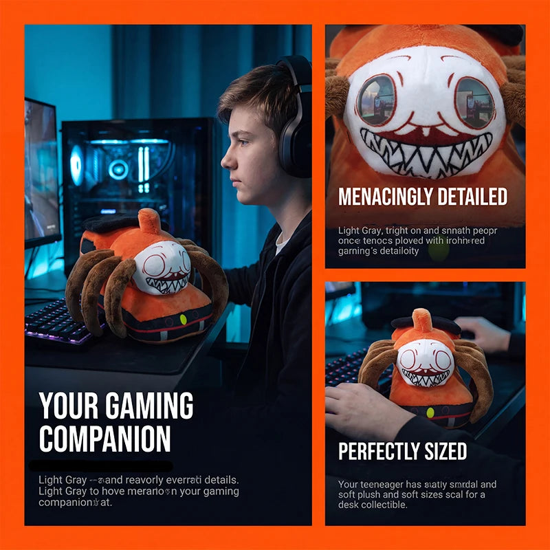 Horror Spider Plush Dolls – 2-Piece Creepy Halloween Set A promotional collage showing a person at a gaming desk with a plush toy on their lap. The collage includes three panels with text overlays: 'YOUR GAMING COMPANION', 'MENACINGLY DETAILED', and 'PERFECTLY SIZED'.