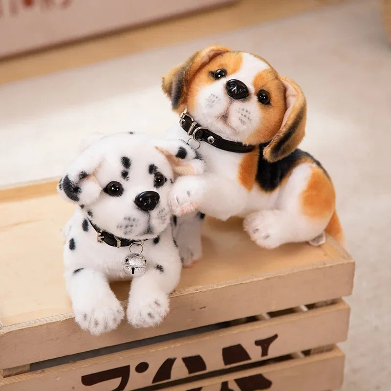 Realistic Dalmatian Beagle Plush Stuffed Toy Two plush toy dogs, one white with black spots and the other brown and black, sitting on a wooden crate.