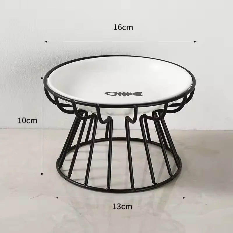 Ceramic Elevated Pet Bowl with Stand Food & Water Small round table with black metal frame and white top, showing dimensions on a plain background.