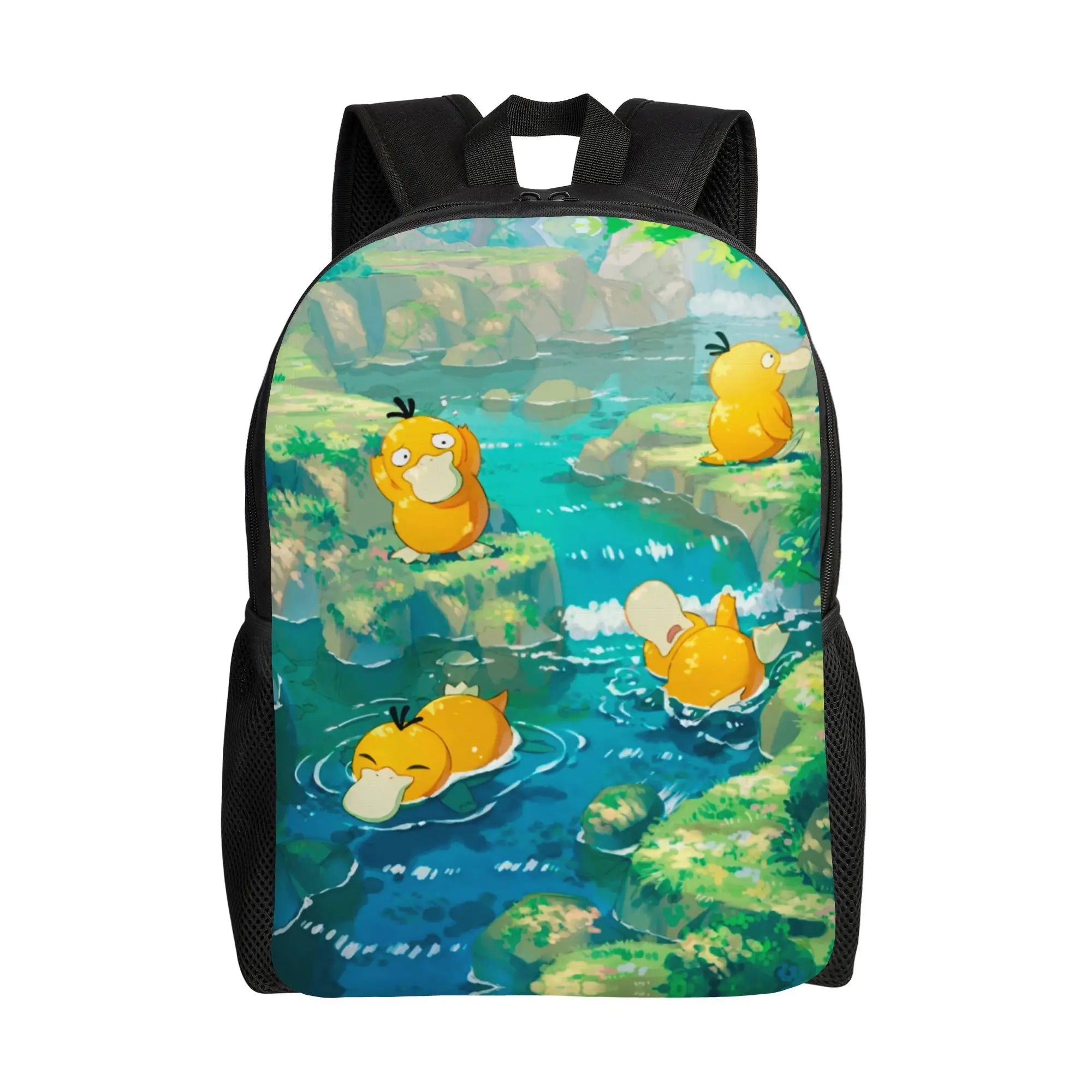 Pokemon Psyduck Laptop Backpack – School Bag A black backpack featuring a colorful printed design of four yellow Psyduck characters in a blue water scene with green rocks.