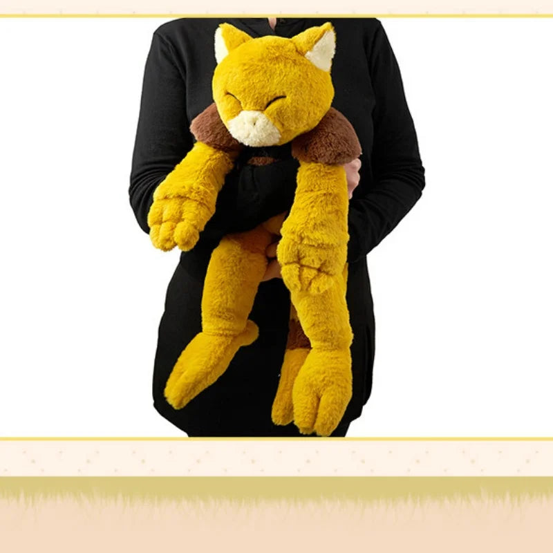 Pokemon Abra Plush Toy – Soft Warm Companion Stuffed Doll A person wearing a black long-sleeve top holds a large yellow plush fox toy with a brown collar and white muzzle against a plain white background.
