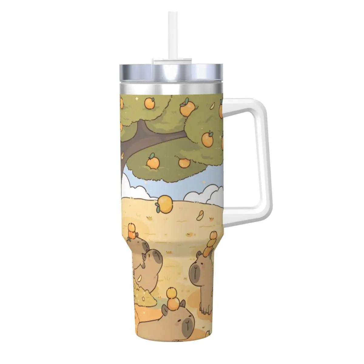 Capybara Insulated Tumbler – Stainless Steel Hot & Cold Drink Cup A handled stainless steel tumbler with a clear lid and straw, featuring a whimsical cartoon illustration of capybara animals under a tree with oranges on a sandy background.