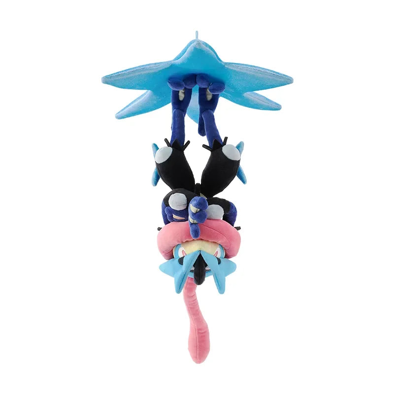 Pokemon Mega Plush Toy – Mega Lucario, Mega Greninja & Mega Starmie A plush toy of the Pokémon Mewtwo, shown hanging upside down against a plain white background.