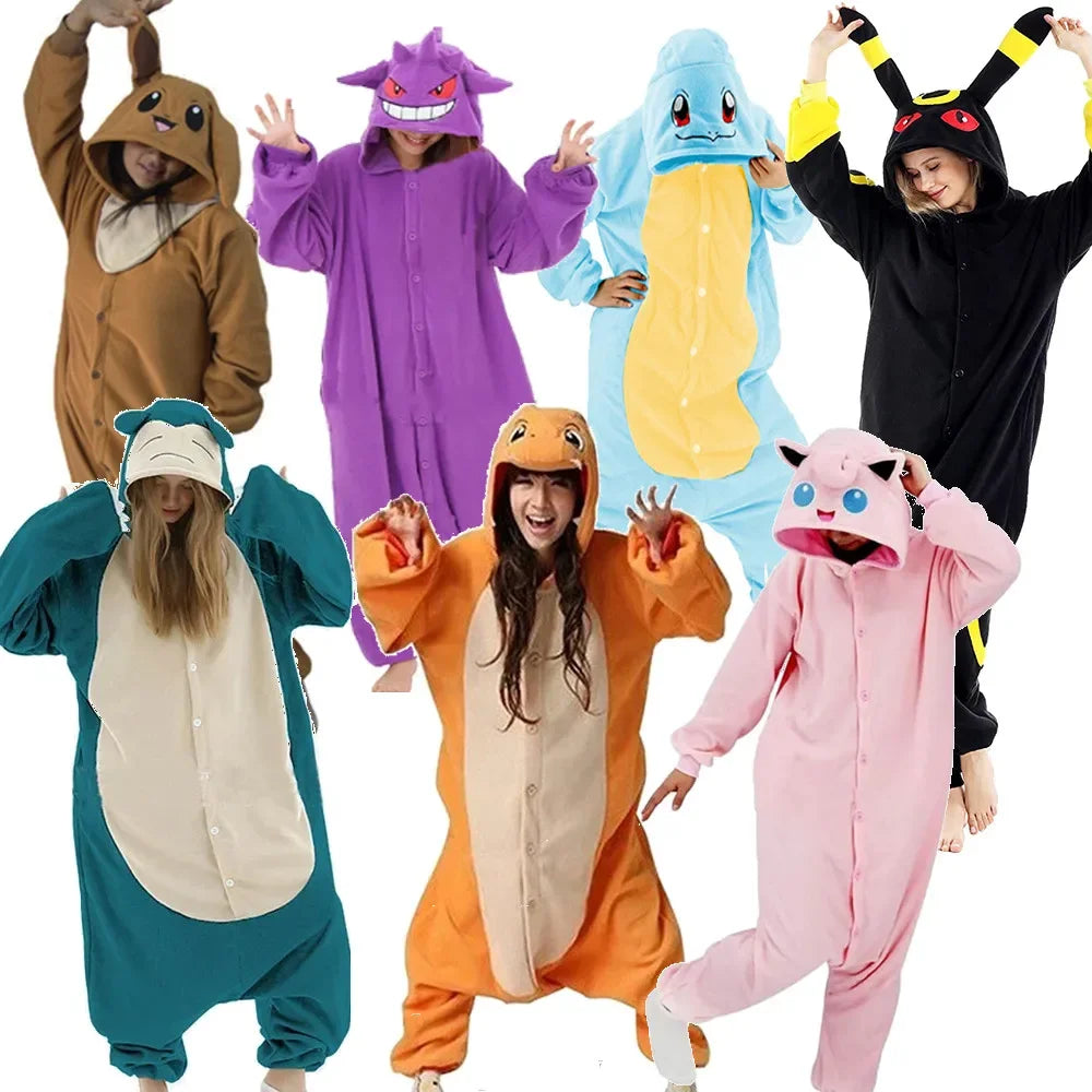 Pokemon Kigurumi Onesie – Snorlax, Gengar Anime Costumes People wearing colorful animal-themed onesies on a white background