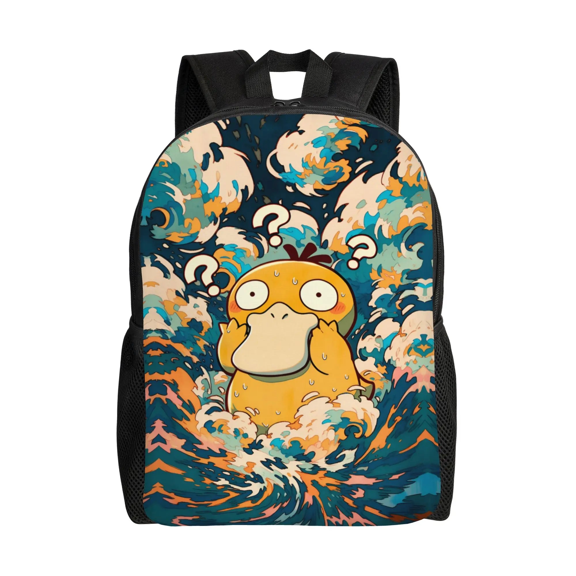 Pokemon Psyduck Laptop Backpack – School Bag A black backpack featuring a colorful graphic print of a yellow cartoon character surrounded by stylized ocean waves in blue, teal, orange, and cream, shown on a plain white background.
