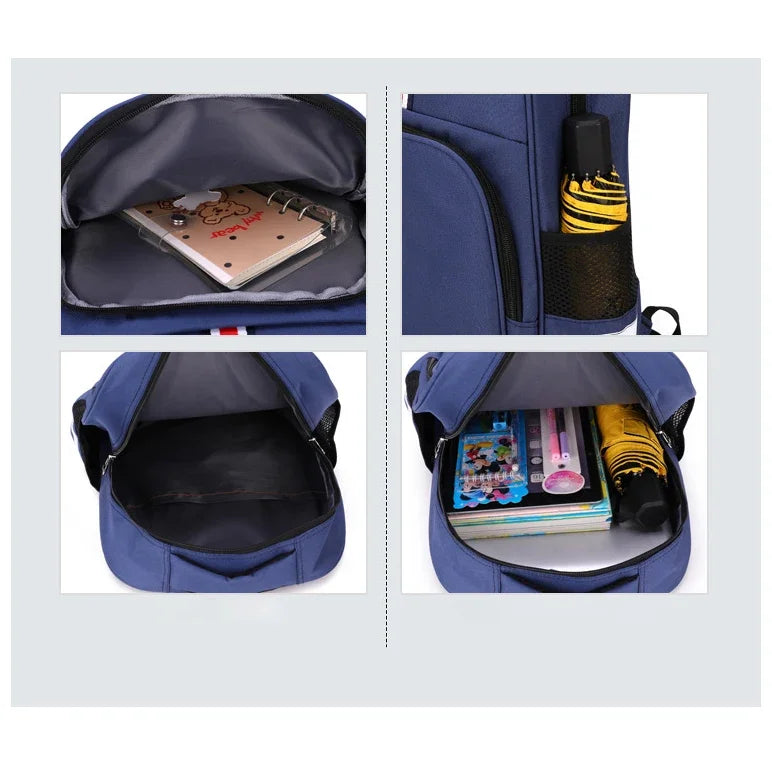 Pokemon Cartoon Backpack – Large Capacity School Bag Blue backpack with compartments showing notebooks, a notebook, and an umbrella.