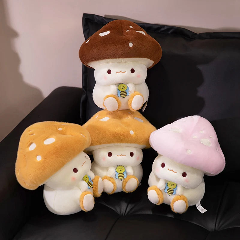 Creative Mushroom Plush Pillow – Cute Stuffed Plant Cushion for Home Décor Set of plush mushroom toys with different colored caps on a dark surface.