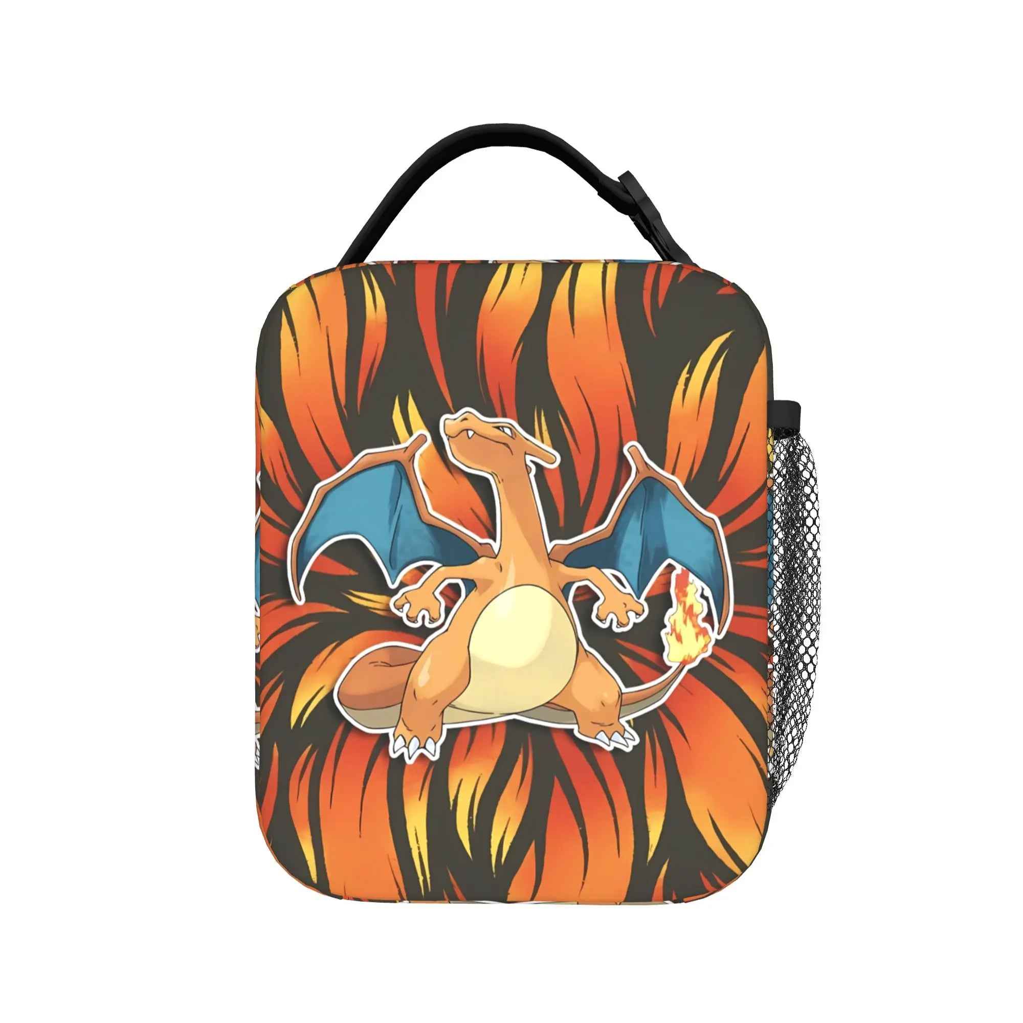 Pokemon Charizard Fire Burst Lunch Bag – Waterproof Insulated Tote A square lunch bag with rounded corners featuring a Charizard graphic on a fiery orange and black background, with a black top handle and a side mesh pocket.