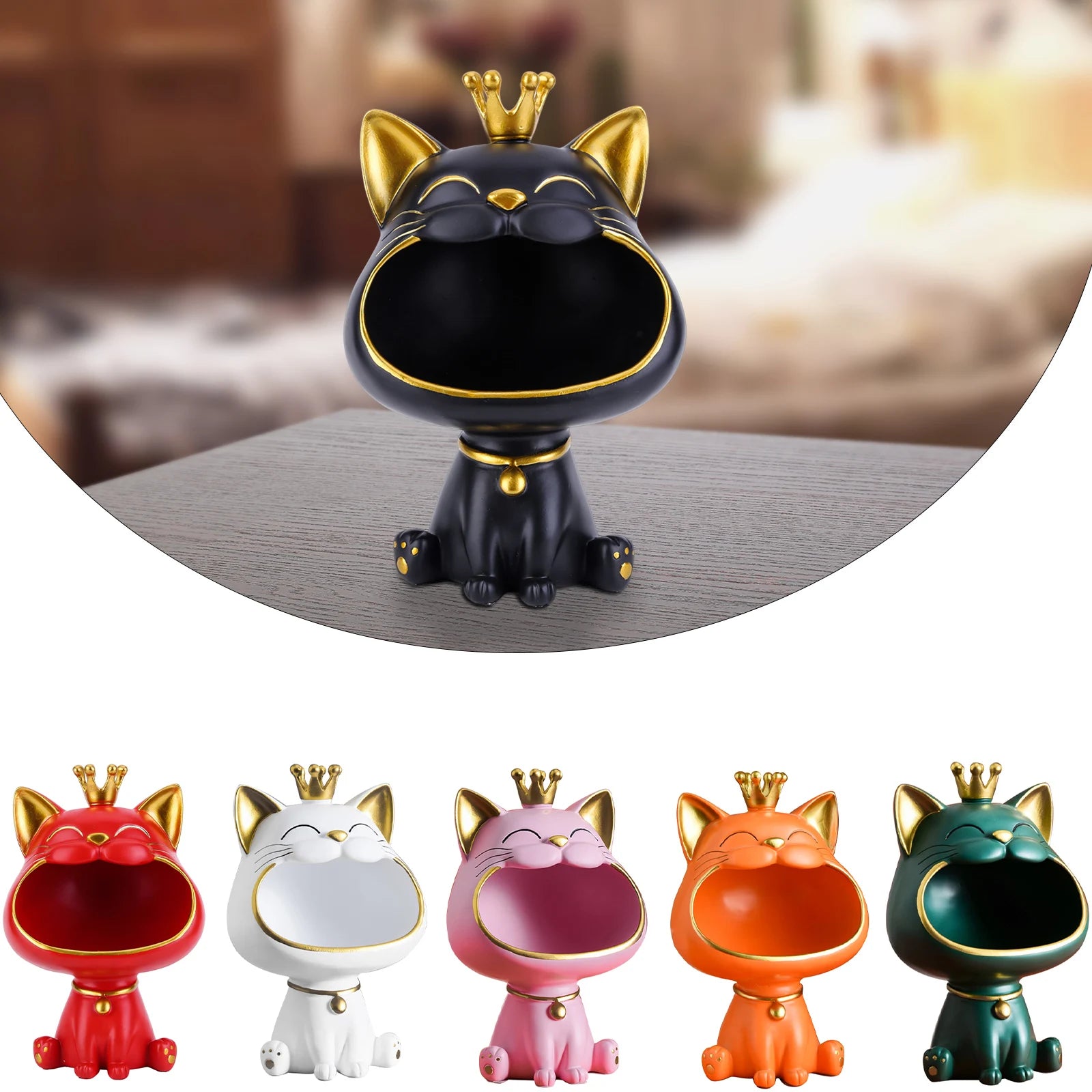 Lucky Cat Figurine with Storage Box – Resin Laughing Cat Home Decor Collection of colorful cat-shaped bowls with crowns on a blurred background