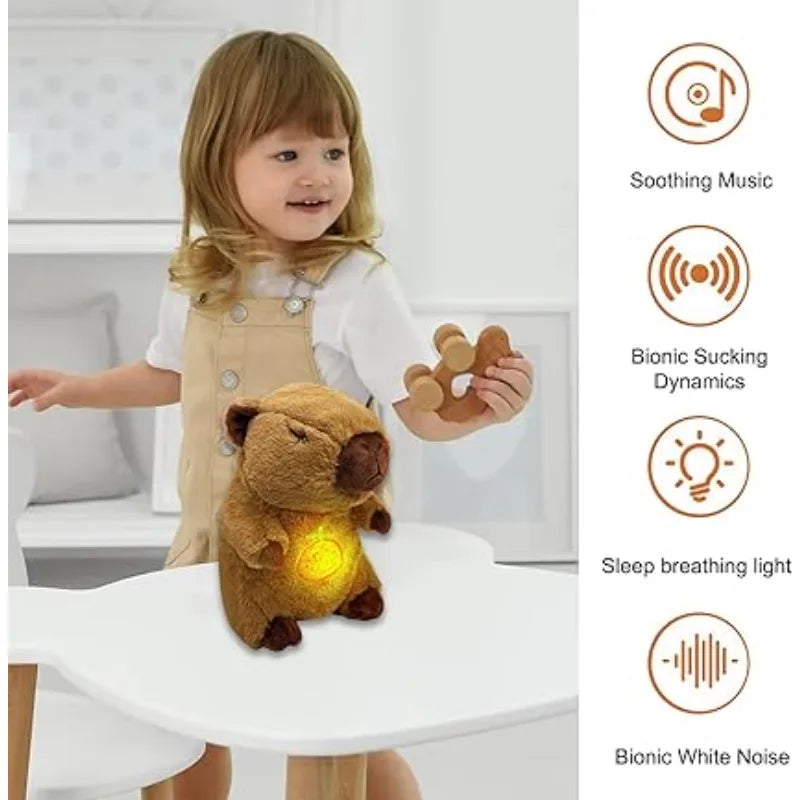 Breathing Capybara Plush Toy with Light & Sound Child holding a plush toy with glowing light, surrounded by icons indicating features like soothing music and bionic suction dynamics.