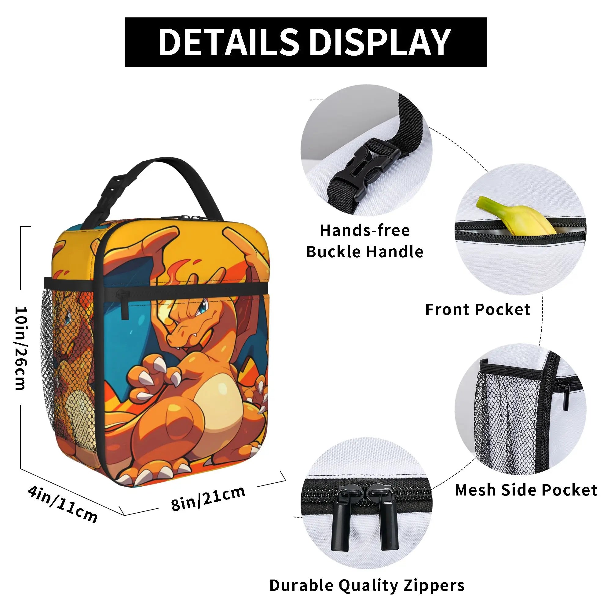 Pokemon Charizard Fire Burst Lunch Bag – Waterproof Insulated Tote Charizard-themed lunch bag with feature callout details on a white background, including dimensions, buckle handle, front pocket, mesh side pocket, and durable zippers.