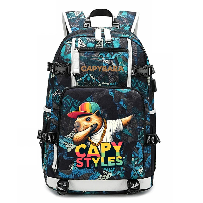 Capybara Backpack – Large Capacity Lightweight School Bag A black and blue patterned backpack with a colorful cartoon dog graphic and the text 'CAPYBARA' and 'CAPY STYLES' on the front pocket, shown on a plain white background.