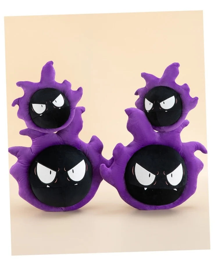 Pokemon Gastly Plush Pillow Stuffed Toy Two purple and black ghost plush toys with angry white eyes, displayed side by side on a light beige background.