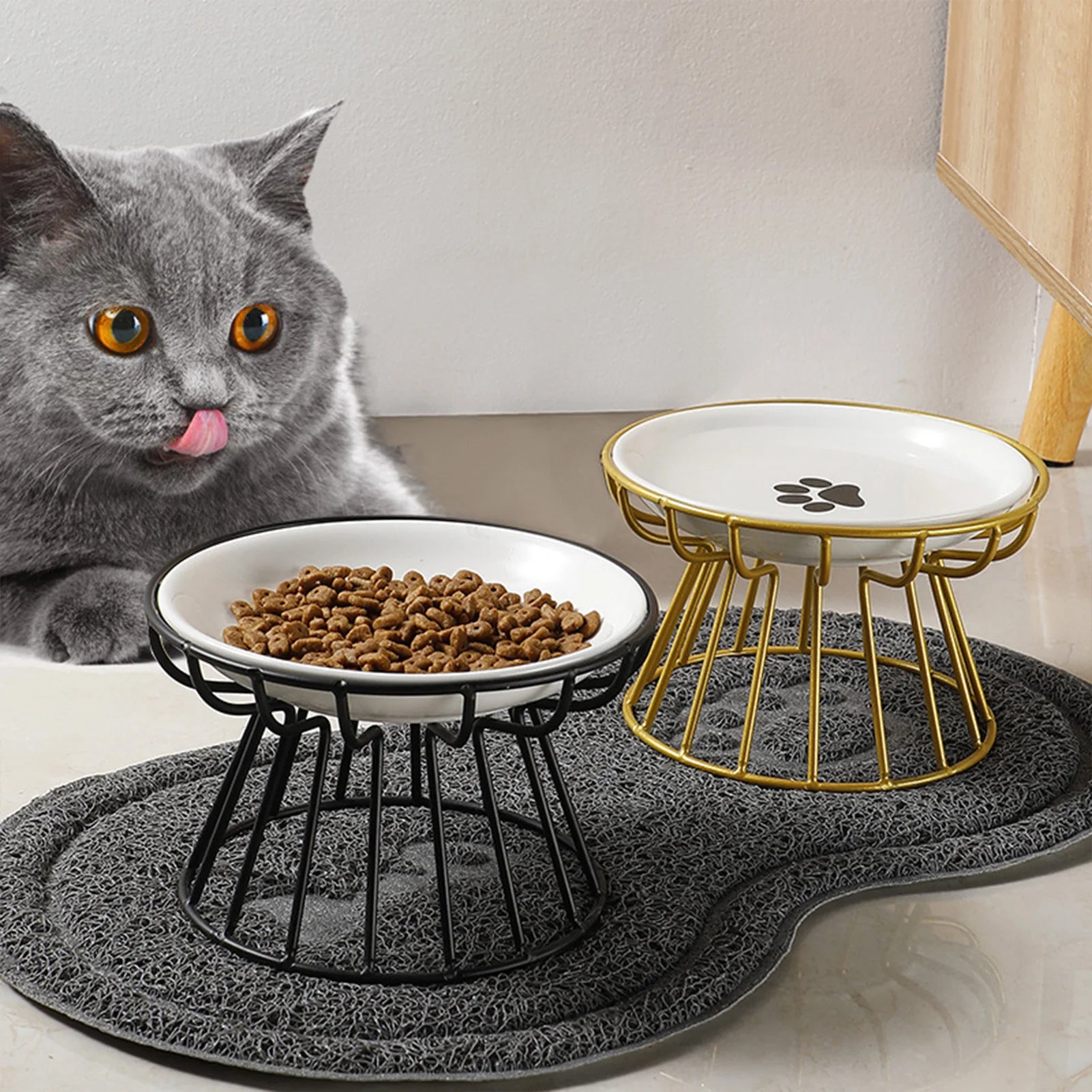 Ceramic Elevated Pet Bowl with Stand Food & Water Cat looking at a raised pet bowl with food on a textured mat.