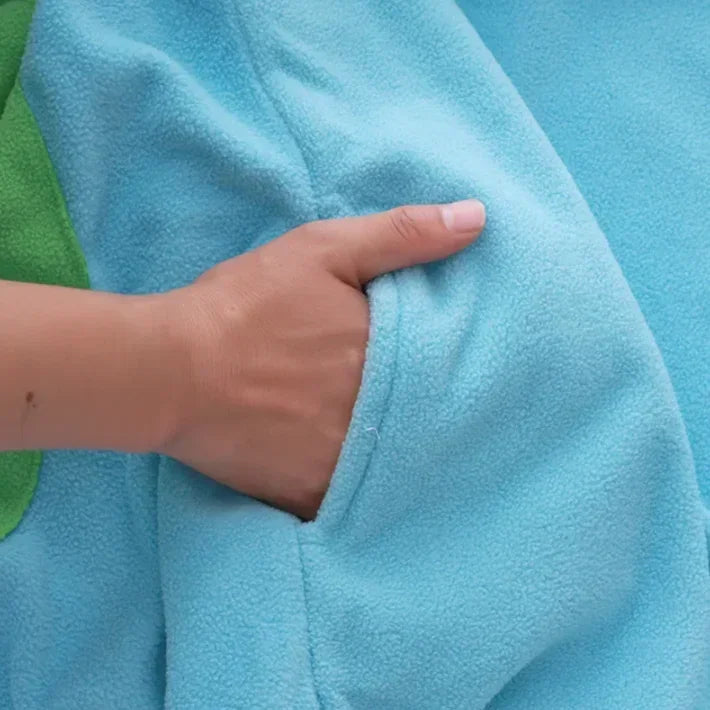 Pokemon Kigurumi Onesie – Snorlax, Gengar Anime Costumes Hand touching a blue fleece fabric