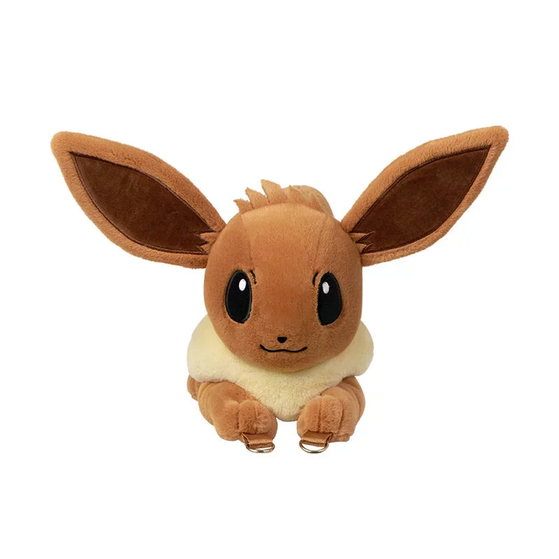 Pokemon Eevee Evolution Plush Crossbody Bag A plush toy of Eevee, a brown cartoon creature with large pointed ears, black eyes, and a cream-colored collar, shown against a plain white background.