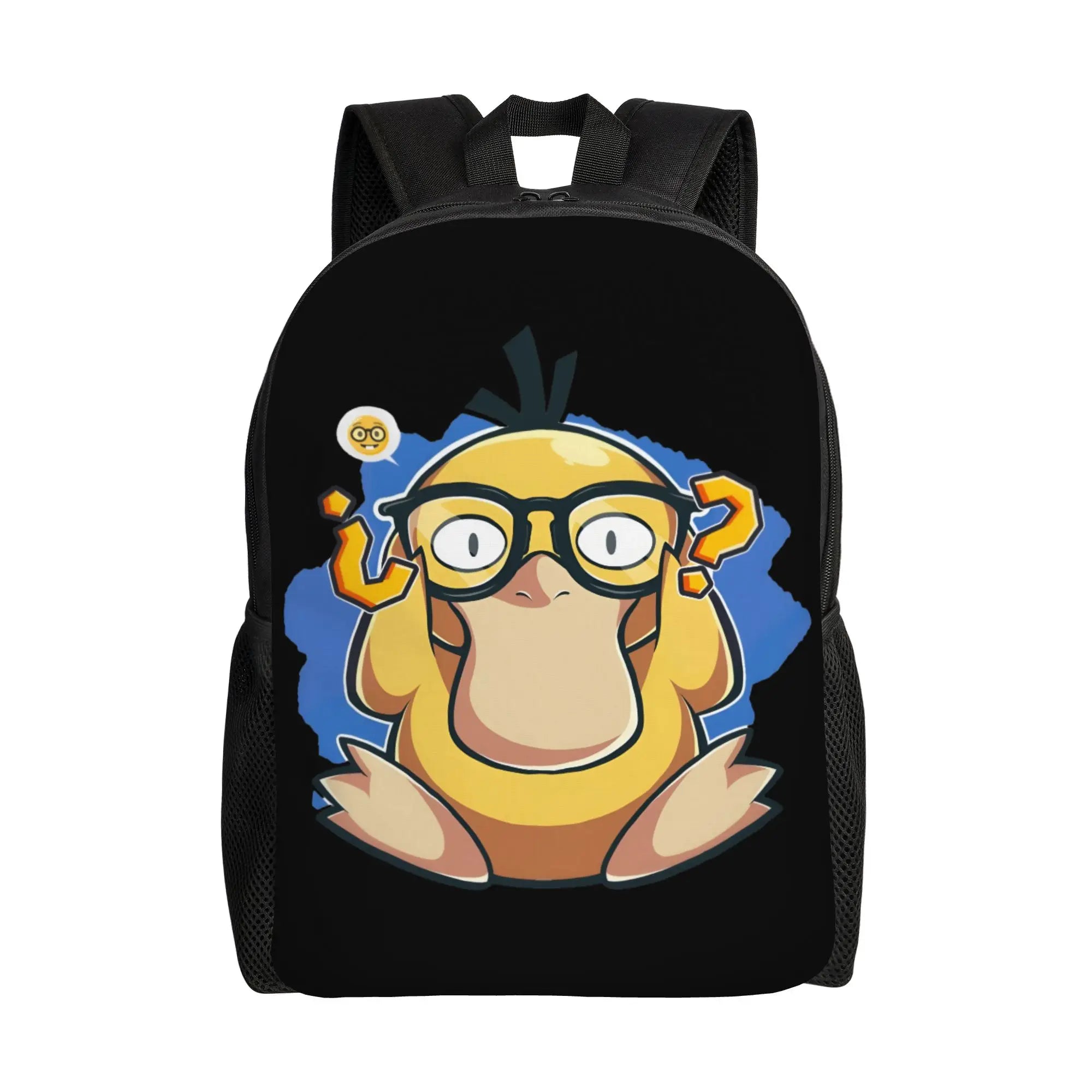 Pokemon Psyduck Laptop Backpack – School Bag A black backpack featuring a cartoon graphic of a yellow duck-like character wearing glasses, set against a plain white background.