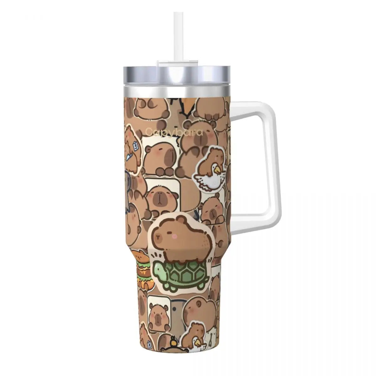 Capybara Insulated Tumbler – Stainless Steel Hot & Cold Drink Cup A stainless steel travel tumbler with a white handle and straw, decorated with a repeating pattern of cute capybara illustrations in various poses and activities. The tumbler is shown on a plain white background.