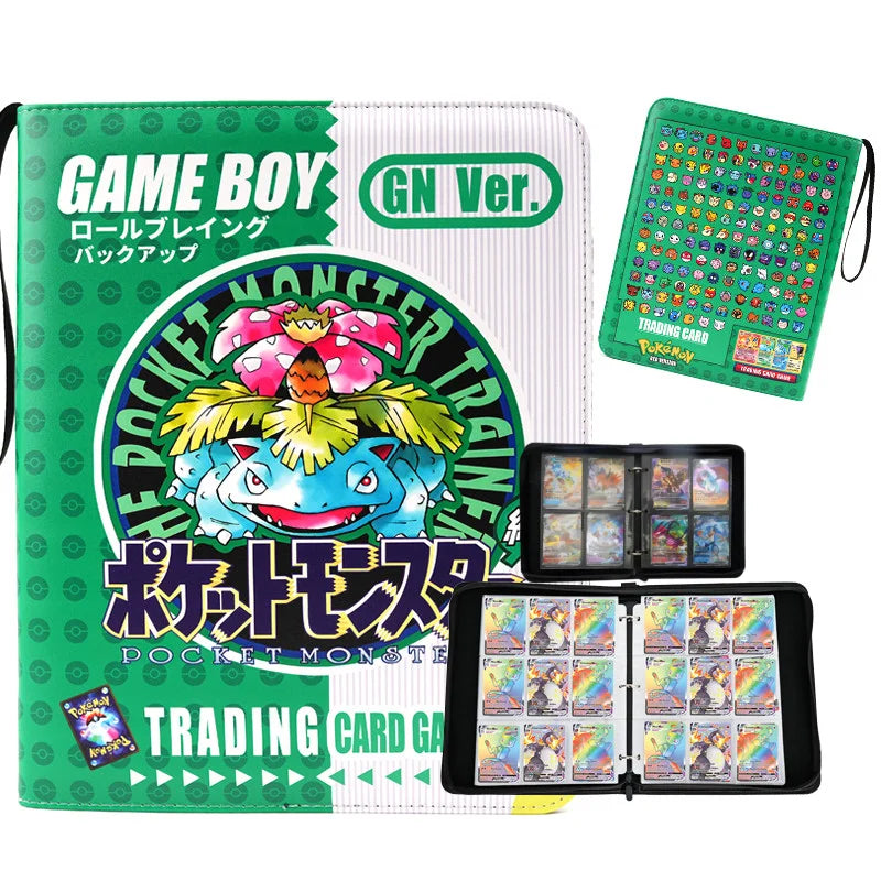 Pokemon Card Album – Gengar, Charizard & Eevee Trading Card Binder Pokémon Trading Card Game GN Ver. Game Boy trading card backpack set shown with a green and white Game Boy-style case, a green card tracker sheet, and two black binder pages filled with cards on a white background.