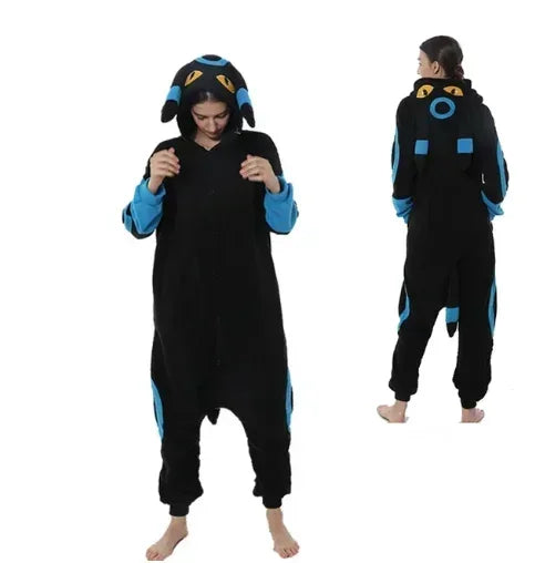 Pokemon Kigurumi Onesie – Snorlax, Gengar Anime Costumes Black onesie with blue accents worn by a person on a white background