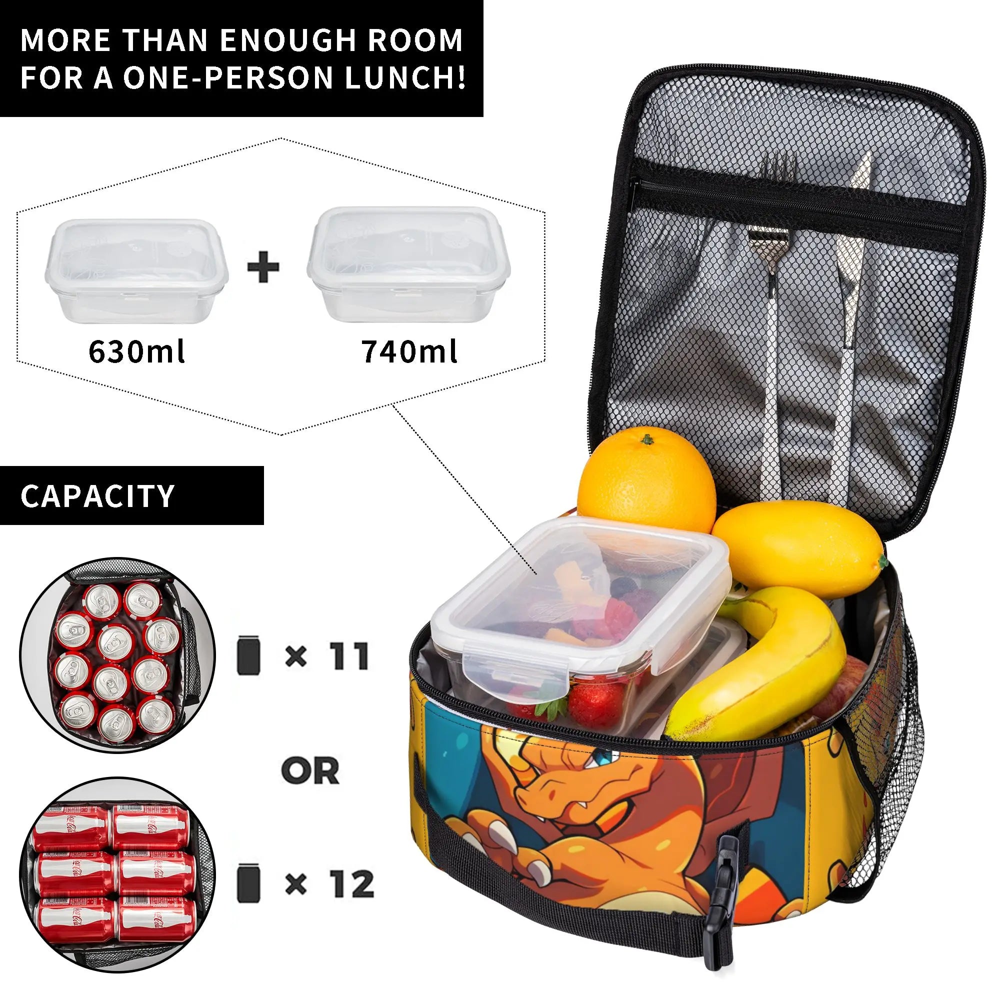 Pokemon Charizard Fire Burst Lunch Bag – Waterproof Insulated Tote A lunch bag with a colorful cartoon character print, shown open and filled with fruit and a clear plastic container. The image includes text and diagrams explaining the bag's capacity, comparing 630ml and 740ml containers and showing storage space for 11 or 12 cans.