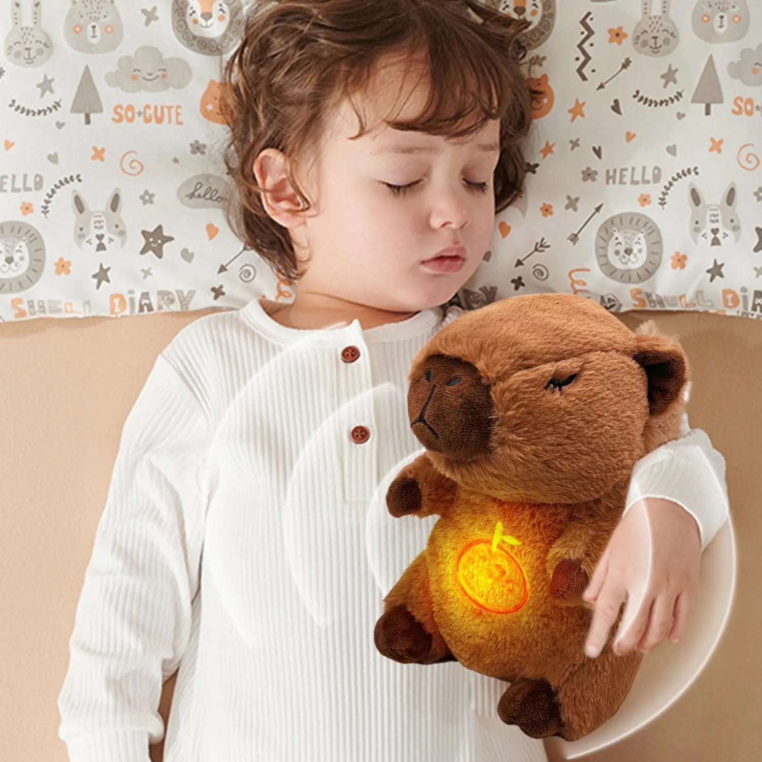 Breathing Capybara Plush Toy with Light & Sound Child holding a glowing teddy bear against a patterned wall.
