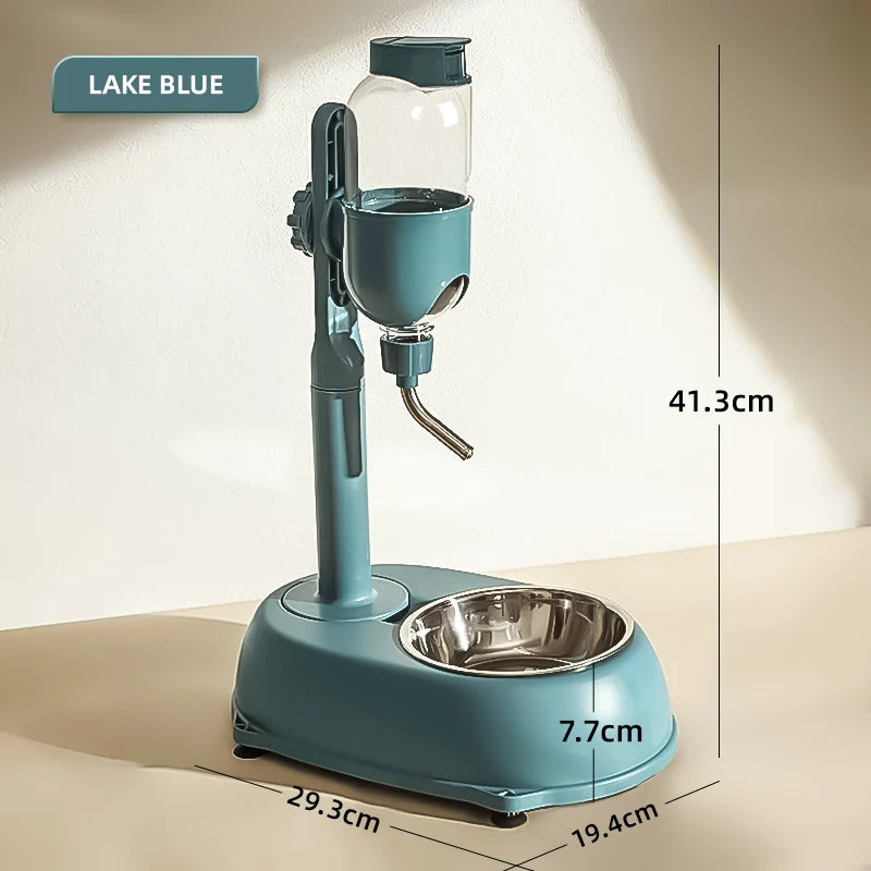 Automatic Pet Water Dispenser & Food Feeder Anti-Tip Lake blue pet feeder with dimensions on a beige background