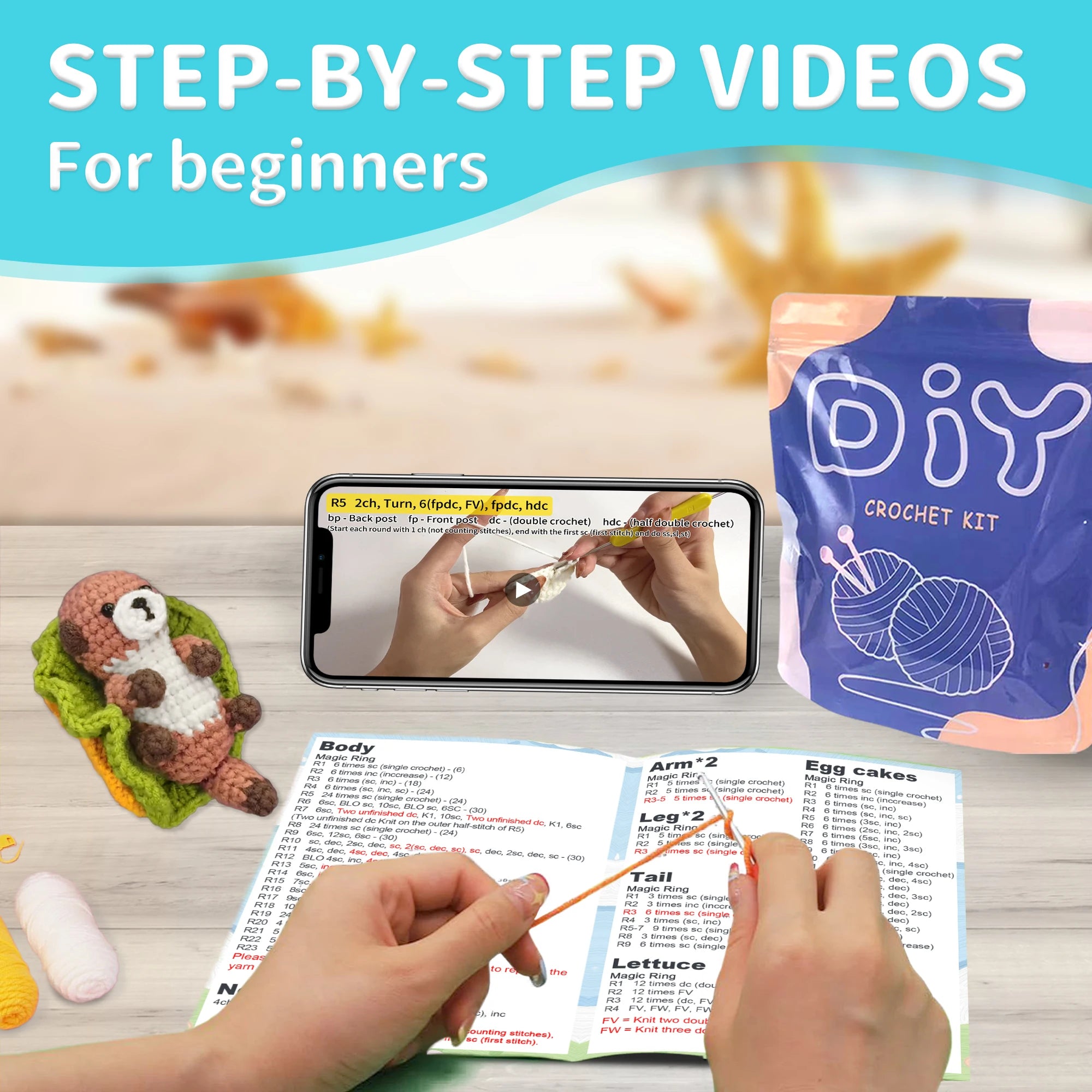 Otter Crochet Starter Kit – Easy Knitting & Craft Set Crochet kit with step-by-step video guide and yarn ball on a wooden surface