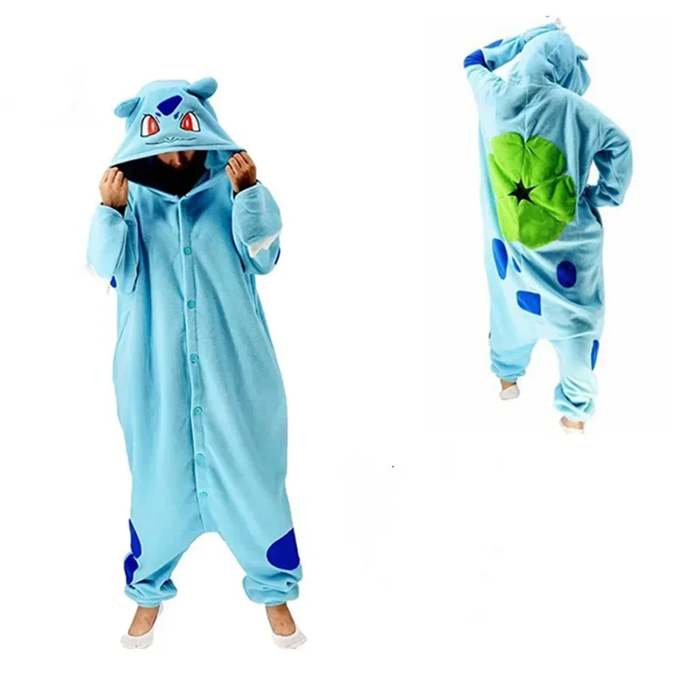 Pokemon Kigurumi Onesie – Snorlax, Gengar Anime Costumes Two blue onesies with cartoon character designs on a white background