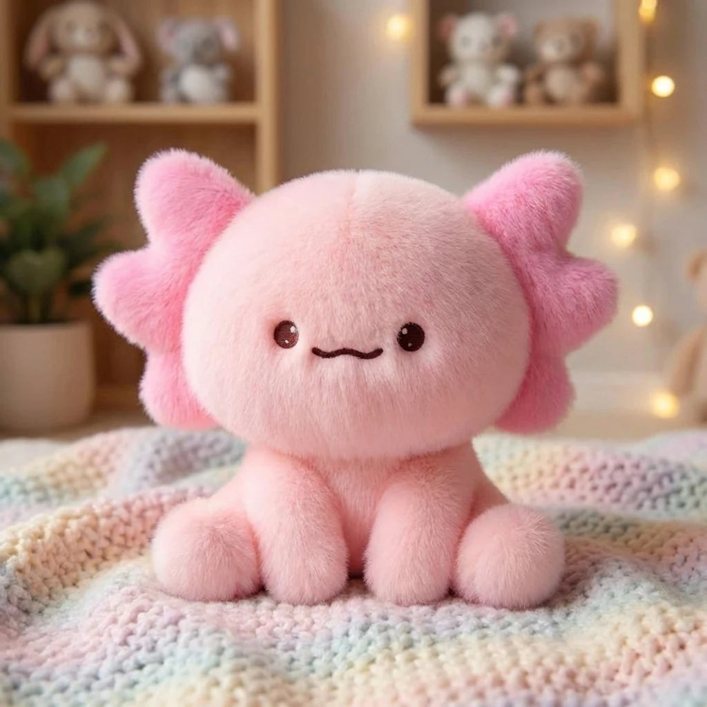 Axolotl Plush Toy – Squishmallow Salamander Stuffed Animal Pink plush toy with flower-like ears on a colorful blanket
