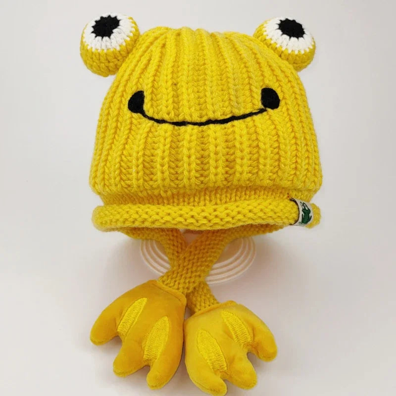 Parent-Child Cute Frog Knitted Hat – Warm Winter Cartoon Fisherman Cap Yellow knitted frog hat with black eyes and mouth on a white background