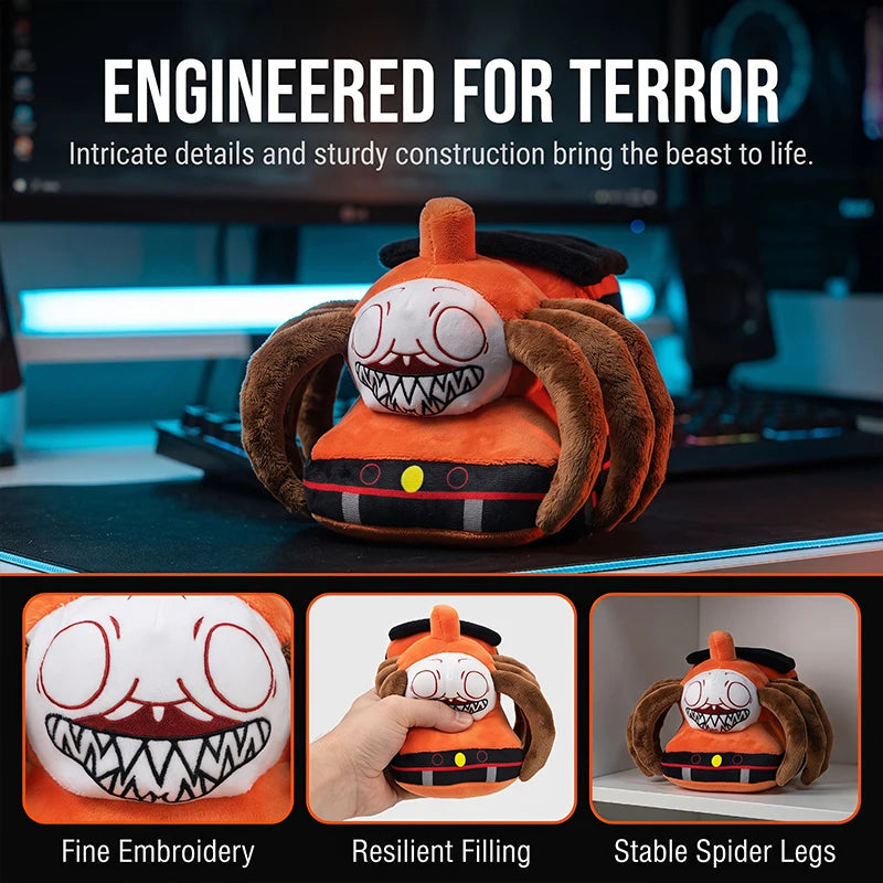 Horror Spider Plush Dolls – 2-Piece Creepy Halloween Set An orange spider-themed plush toy with large brown spider legs, a white face, and a stitched grin, shown on a desk with promotional text and three detail inset photos below.
