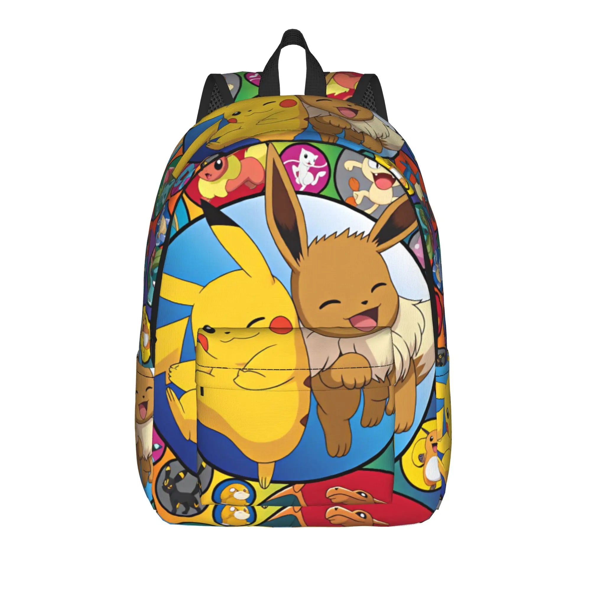 Pokemon Squirtle Backpack – Sport School Bag A backpack featuring a colorful all-over print of Pikachu and Eevee, with a large central illustration of the two characters hugging inside a blue circular frame, surrounded by smaller character graphics. The backpack has black mesh side panels and a black top handle, shown on a plain white background.